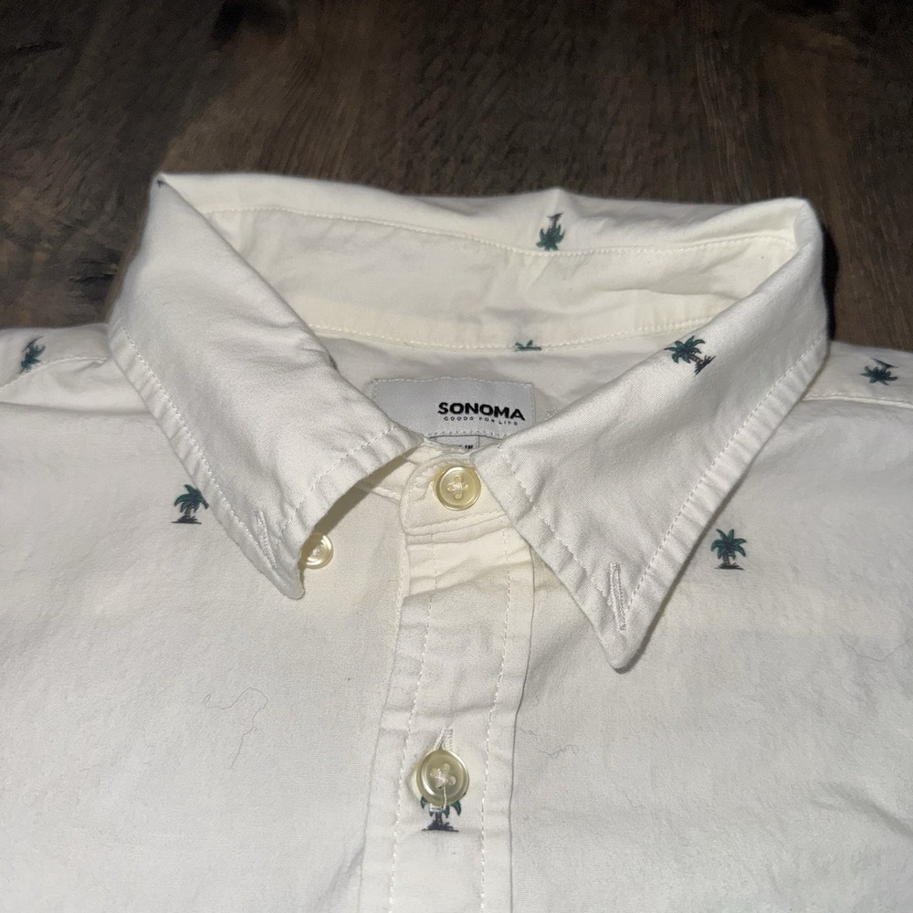 Sonoma Men's L Button Down Cotton Shirt Palm Tree Island Resort Outdoor White - Picture 3 of 11